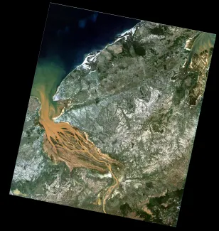 Hyperspectral satellite image taken by the IPERLITE mission above Mahajanga (North West of Madagascar) at 20260317T070809Z (UTC) and processed by VITO.